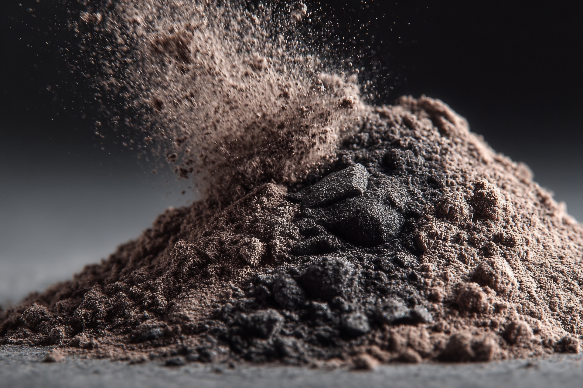 Close-up of dark brown powder with some particles flying above it on a gray surface against a dark background.
